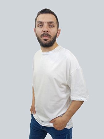 Erkek Plain Oversize Bisiklet Yaka Beyaz Tişört