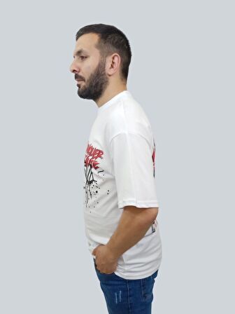 Erkek Conquer Oversize Bisiklet Yaka Beyaz Tişört