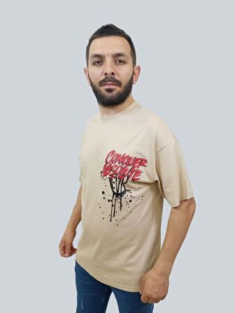 Erkek Conquer Oversize Bisiklet Yaka Sütlü Kahve Tişört