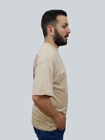 Erkek Conquer Oversize Bisiklet Yaka Sütlü Kahve Tişört
