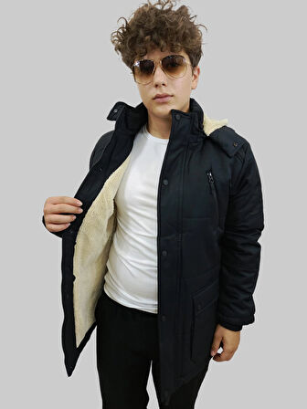 Erkek Çıkma Kapüşonlu İçi Kürklü Kanvas Siyah Parka Kaban