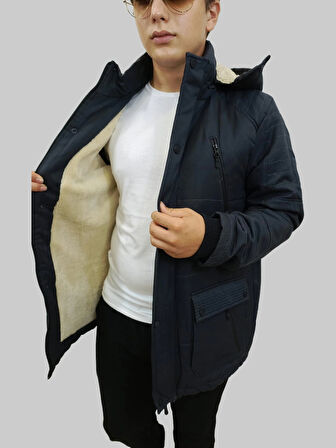 Erkek Çıkma Kapüşonlu İçi Kürklü Kanvas Siyah Parka Kaban