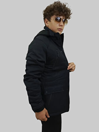 Erkek Çıkma Kapüşonlu İçi Kürklü Kanvas Siyah Parka Kaban