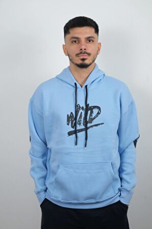 Erkek Kapüşonlu Polar Sweatshirt WİD Açık Mavi