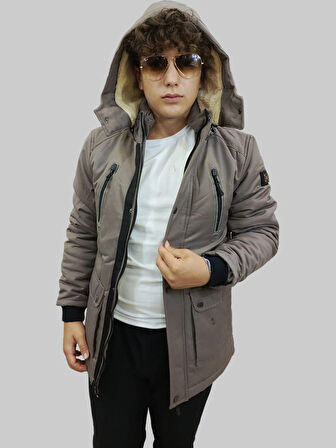 Erkek Kışlık Çıkma Kapüşonlu Vizon Kaban Parka
