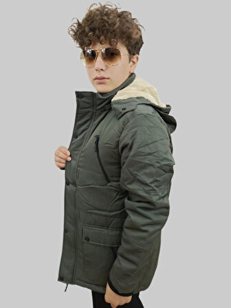 Erkek Kışlık Çıkma Kapüşonlu Haki Kaban Parka