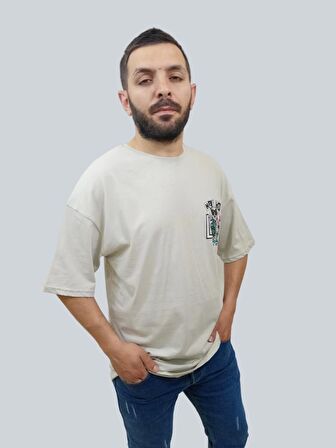 Erkek Hey Oversize Bisiklet Yaka Taş Tişört