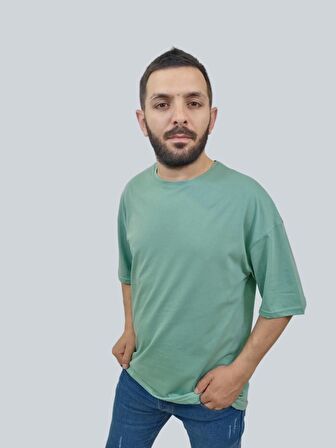 Erkek Plain Oversize Bisiklet Yaka Mint Yeşili Tişört
