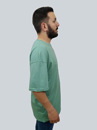 Erkek Plain Oversize Bisiklet Yaka Mint Yeşili Tişört