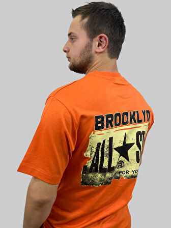 Erkek Brooklyn Yuvarlak Yaka Arka Baskılı Oversize Turuncu Tişört