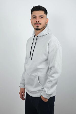 Erkek Kapüşonlu ve Önden Cepli Düz Polar Sweatshirt Beyaz