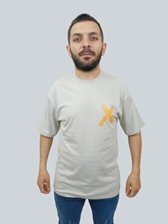 Erkek Crossed Out Oversize Bisiklet Yaka Açık Gri Tişört