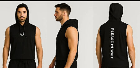 Erkek Lette Kapüşonlu Armalı Esnek Kolsuz Siyah T-Shirt