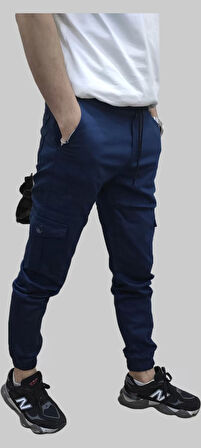 Erkek Jogger Beli ve Paçası Lastikli Keten İndigo Kargo Pantolon