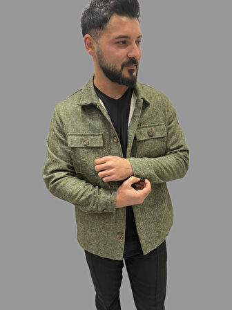 Erkek Cep Detaylı Kışlık Haki Kaşe Gömlek