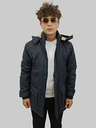 Erkek Çıkma Kapüşonlu İçi Kürklü Kanvas Antrasit Parka Kaban