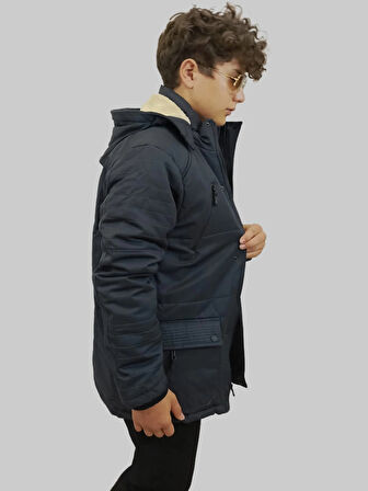 Erkek Çıkma Kapüşonlu İçi Kürklü Kanvas Antrasit Parka Kaban