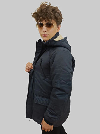 Erkek Çıkma Kapüşonlu İçi Kürklü Kanvas Antrasit Parka Kaban