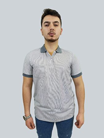Erkek Striped Polo Yaka Gri Tişört