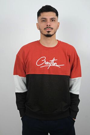 Erkek Sıfır Yaka Çizgili Sweatshirt Creattion Turuncu