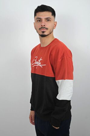 Erkek Sıfır Yaka Çizgili Sweatshirt Creattion Turuncu