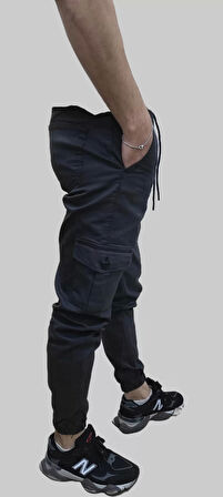 Erkek Jogger Beli ve Paçası Lastikli Keten Antrasit Kargo Pantolon