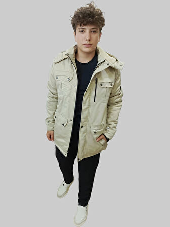 Erkek Kışlık İçi Kürklü Sabit Kapüşonlu Krem Kaban Parka