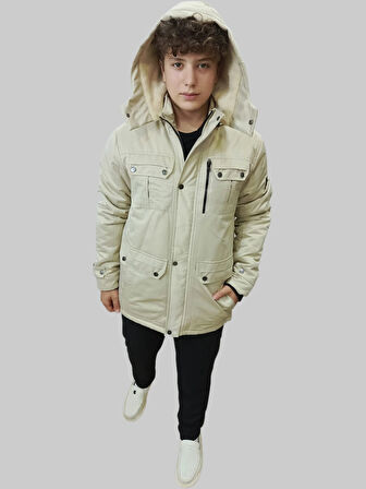 Erkek Kışlık İçi Kürklü Sabit Kapüşonlu Krem Kaban Parka