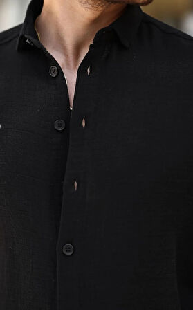 Erkek Müslin Kumaş Uzun Kol Yakalı Siyah Gömlek