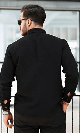 Erkek Müslin Kumaş Uzun Kol Yakalı Siyah Gömlek