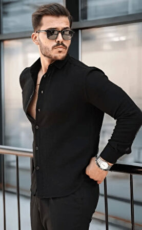 Erkek Müslin Kumaş Uzun Kol Yakalı Siyah Gömlek