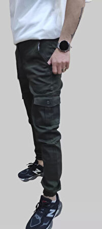 Erkek Jogger Beli ve Paçası Lastikli Keten Haki Kargo Pantolon
