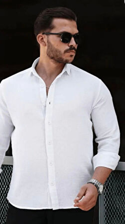Erkek Müslin Kumaş Uzun Kol Yakalı Beyaz Gömlek