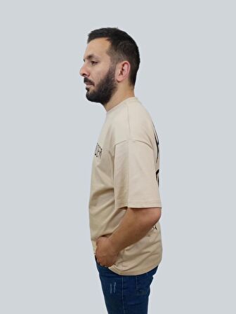 Erkek Hardcore Oversize Bisiklet Yaka Sütlü Kahve Tişört