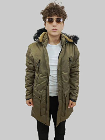 Erkek Kürklü Çıkma Kapüşonlu İçi Kürklü Kanvas Haki Parka Kaban