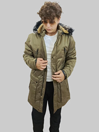 Erkek Kürklü Çıkma Kapüşonlu İçi Kürklü Kanvas Haki Parka Kaban