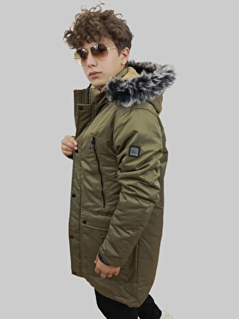 Erkek Kürklü Çıkma Kapüşonlu İçi Kürklü Kanvas Haki Parka Kaban