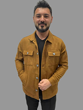Erkek Kaşe Mevsimlik Cep Detaylı Gömlek Modeli Taba Ceket