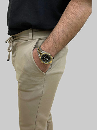 Erkek Runner Jogger Düğmeli Fermuarlı Bağcıklı Bej Kargo Pantolon