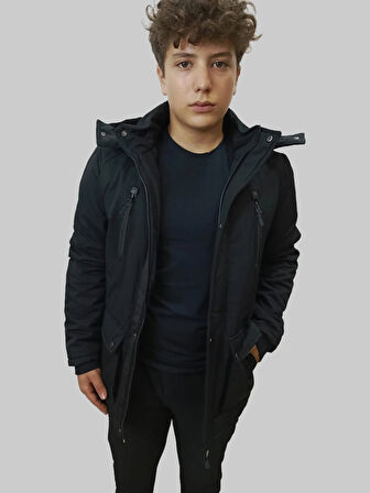 Erkek Kışlık İçi Kürklü Sabit Kapüşonlu Siyah Kaban Parka