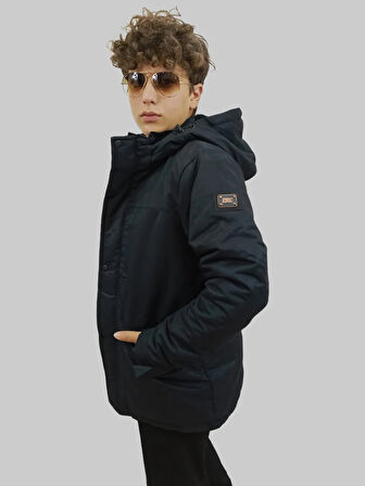 Erkek Kışlık İçi Kürklü Sabit Kapüşonlu Siyah Kaban Parka