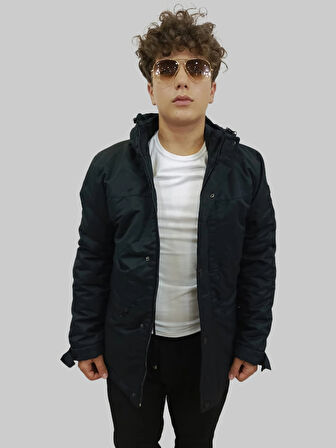 Erkek Kışlık İçi Kürklü Sabit Kapüşonlu Siyah Kaban Parka