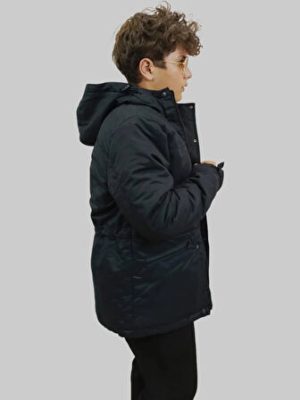 Erkek Kışlık İçi Kürklü Sabit Kapüşonlu Siyah Kaban Parka