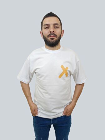 Erkek Crossed Out Oversize Bisiklet Yaka Beyaz Tişört