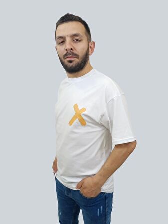 Erkek Crossed Out Oversize Bisiklet Yaka Beyaz Tişört