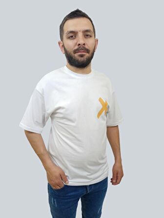 Erkek Crossed Out Oversize Bisiklet Yaka Beyaz Tişört
