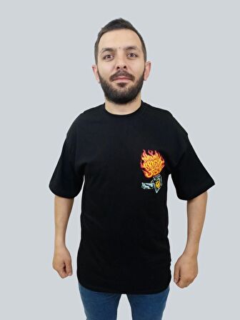 Erkek Burning Oversize Bisiklet Yaka Siyah Tişört