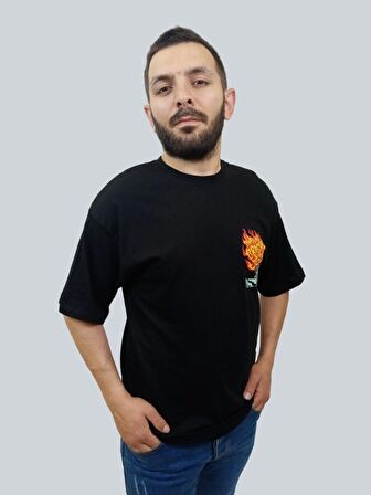 Erkek Burning Oversize Bisiklet Yaka Siyah Tişört