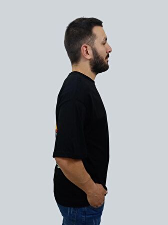 Erkek Burning Oversize Bisiklet Yaka Siyah Tişört