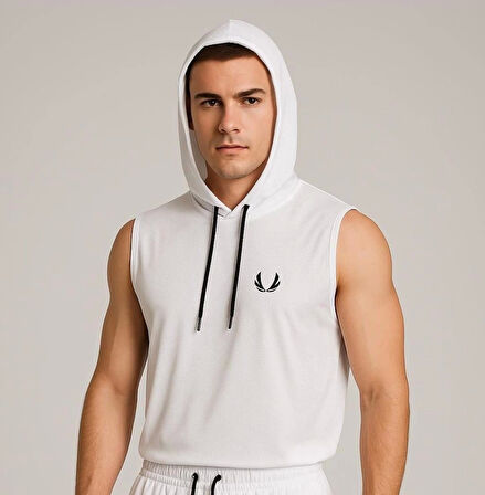 Erkek Lette Kapüşonlu Armalı Esnek Kolsuz Beyaz T-Shirt